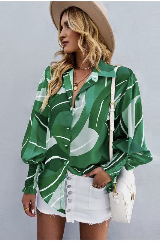 Printed button down top